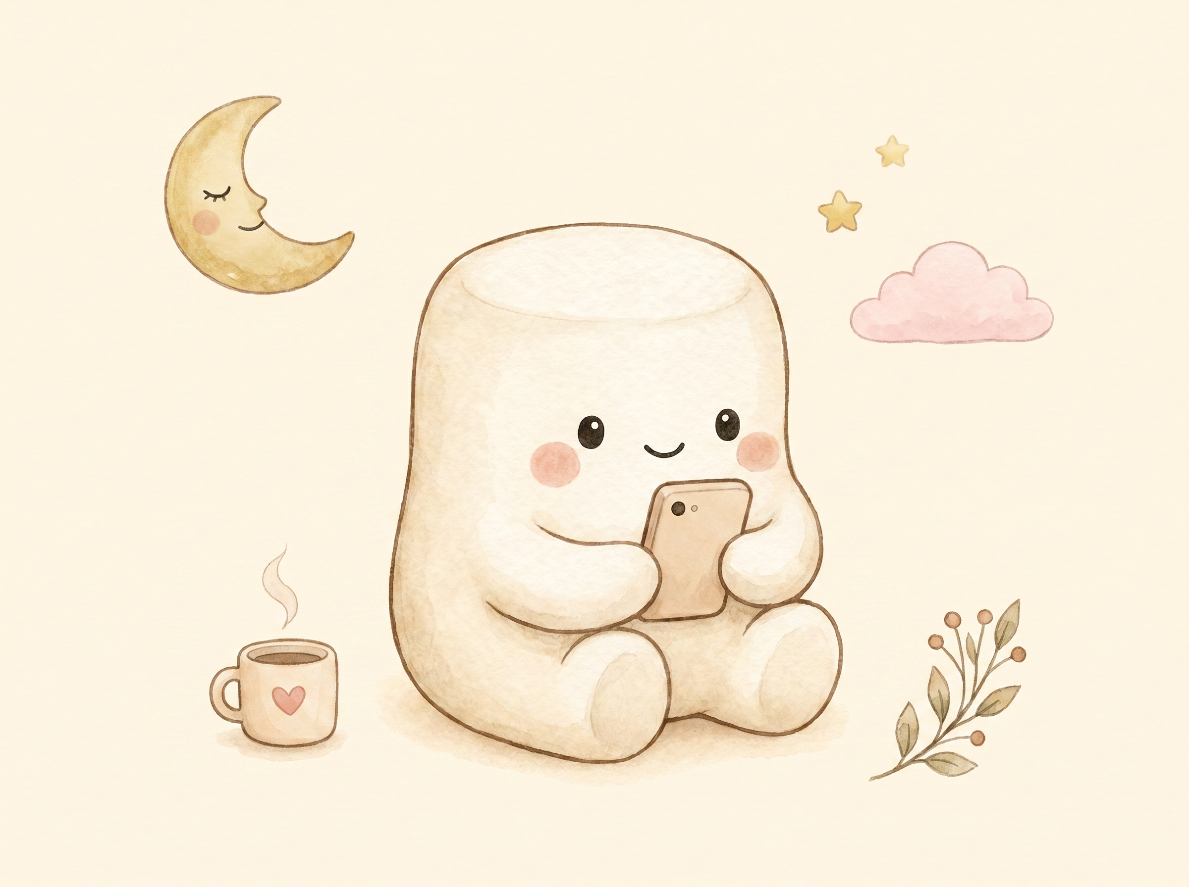 Mochi with a moon, stars and a cozy mug.
