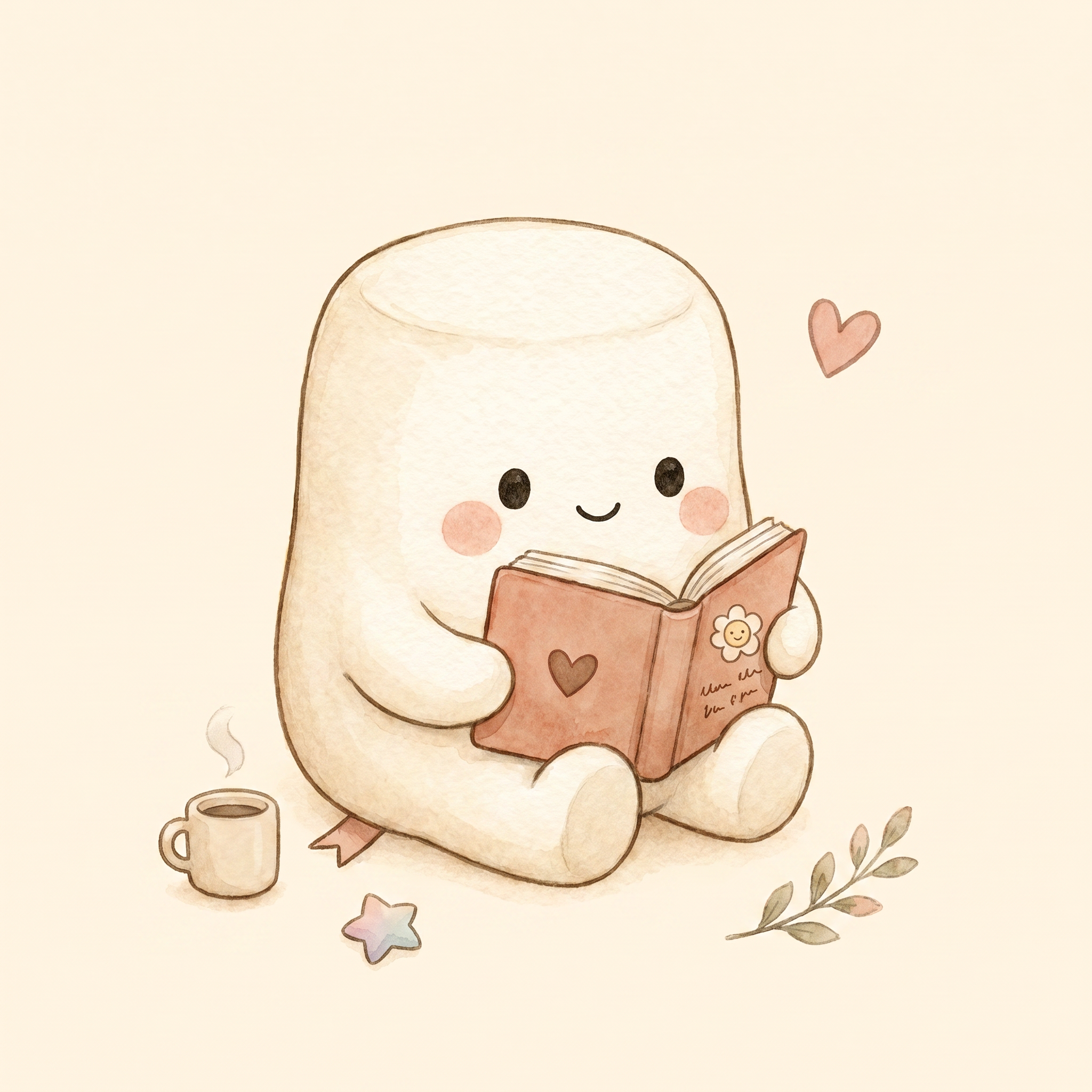 Mochi the marshmallow sitting cross-legged reading a small cozy journal.