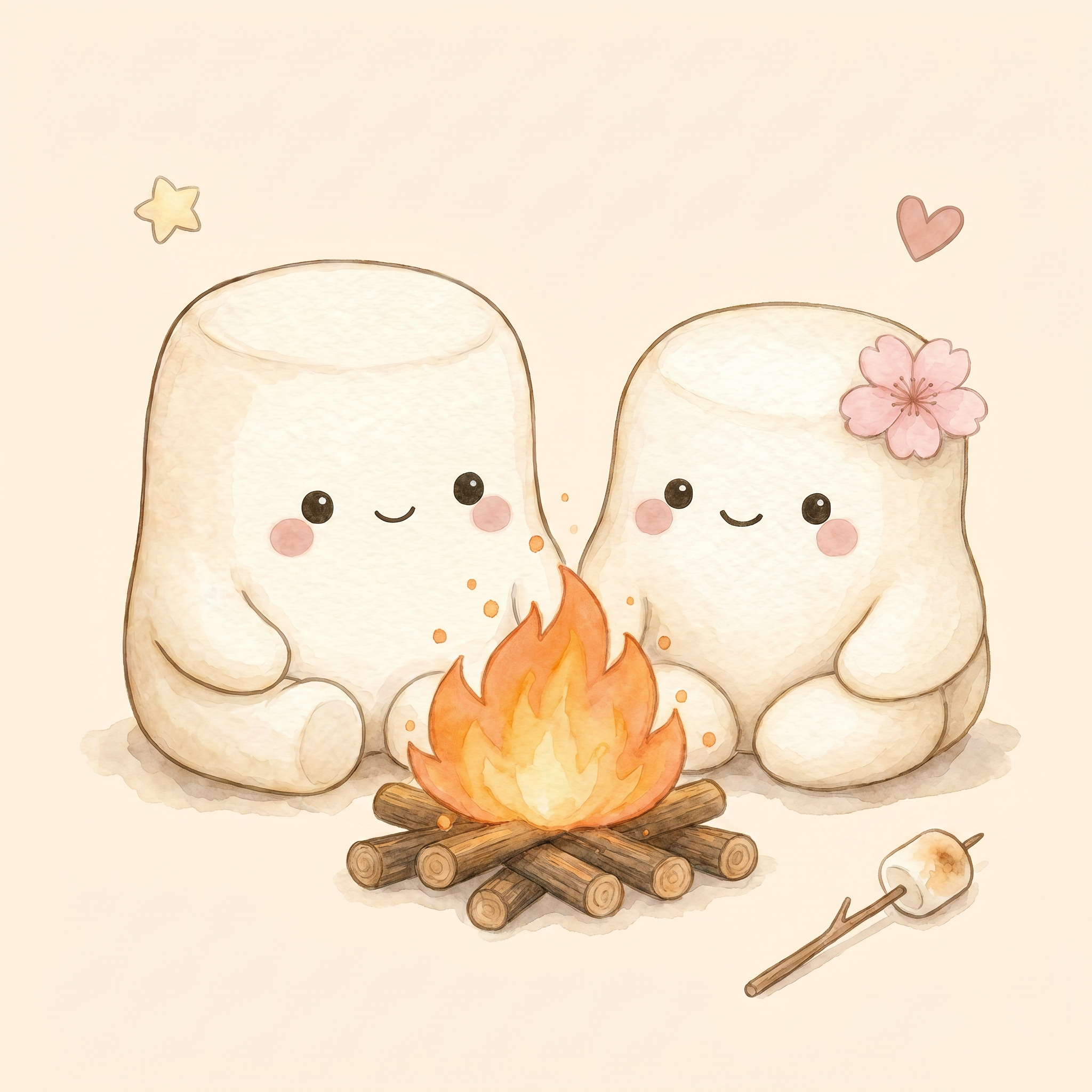 Mochi and his sister Hana by a campfire.