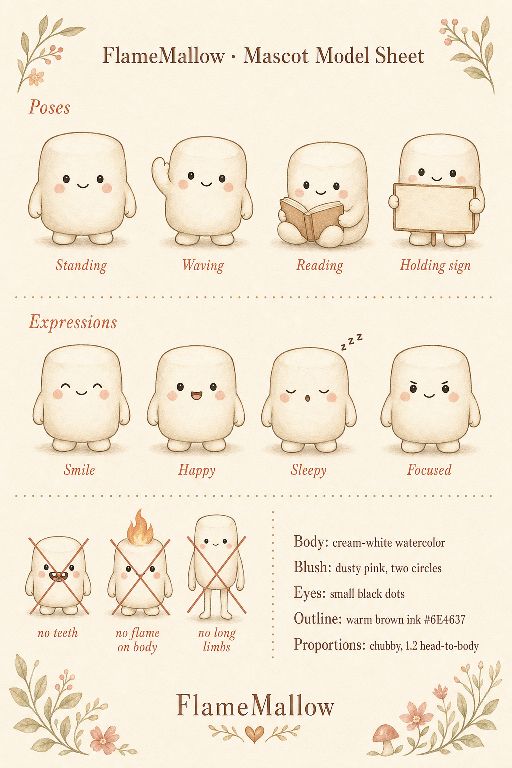 Mochi model sheet — the FlameMallow mascot in four poses (Standing, Waving, Reading, Holding sign), four expressions (Smile, Happy, Sleepy, Focused), and design rules: cream-white body, dusty pink blush, small black dot eyes, warm brown outline.