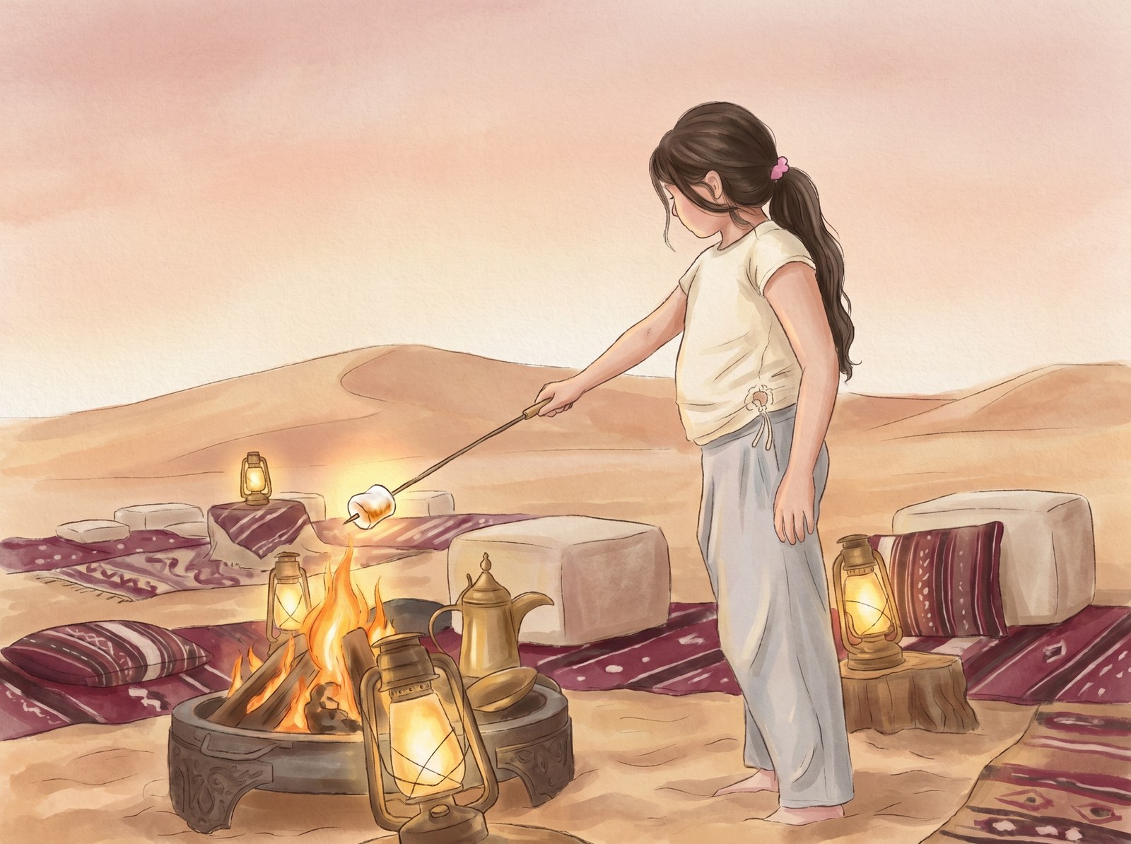 Watercolor illustration of Aliyah toasting a marshmallow over a campfire at golden hour in the desert