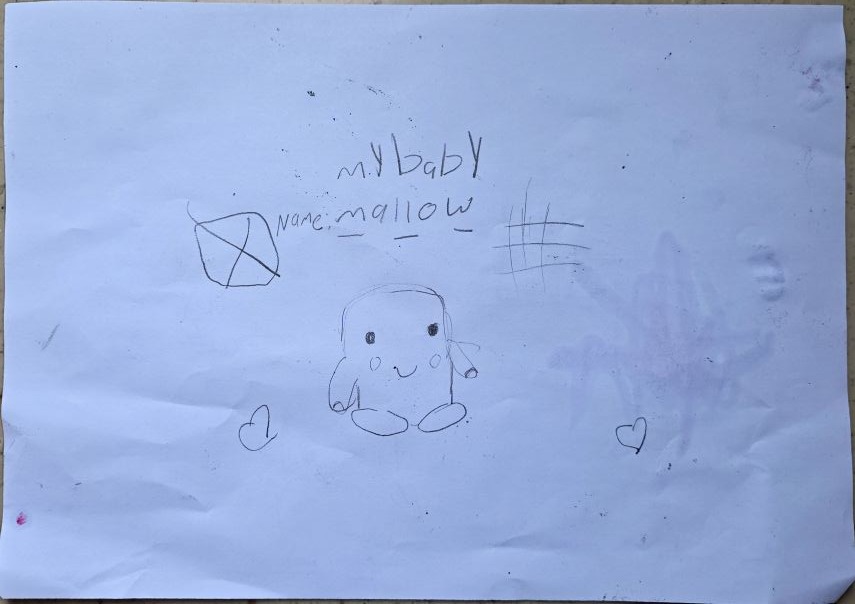 First try sketch of Mallow labeled my baby, name Mallow.