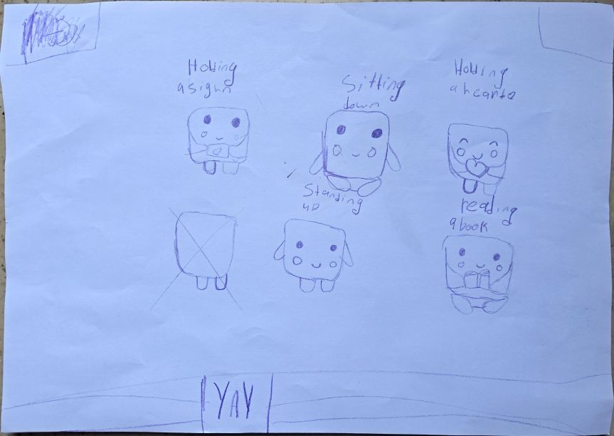Hand-drawn character sheet showing six poses of Mallow the marshmallow, by my little co-founder.