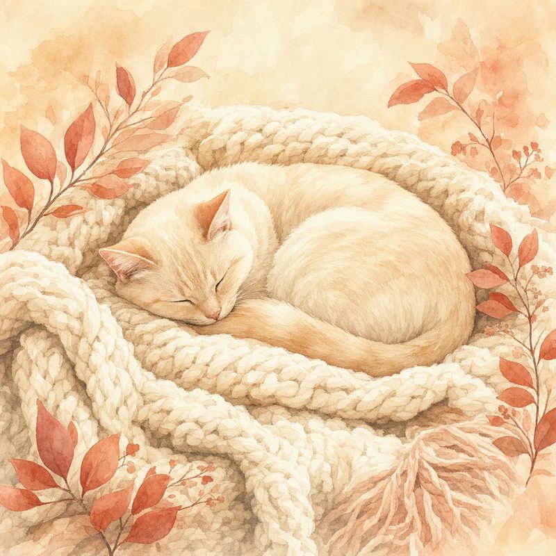 The Cozy Cat — watercolor painting of a cream cat sleeping on a chunky knit blanket
