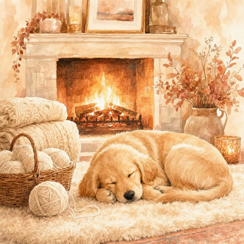 The Cozy Retriever — watercolor painting of a golden retriever sleeping by a fireplace