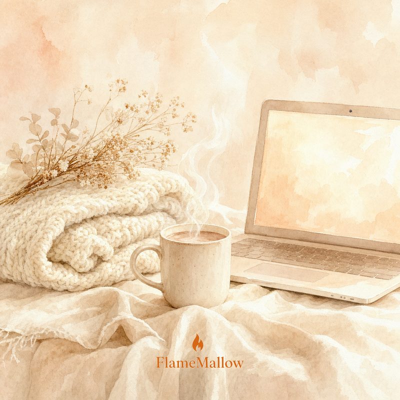 Soft Logic — watercolor painting of a laptop scene with cozy items