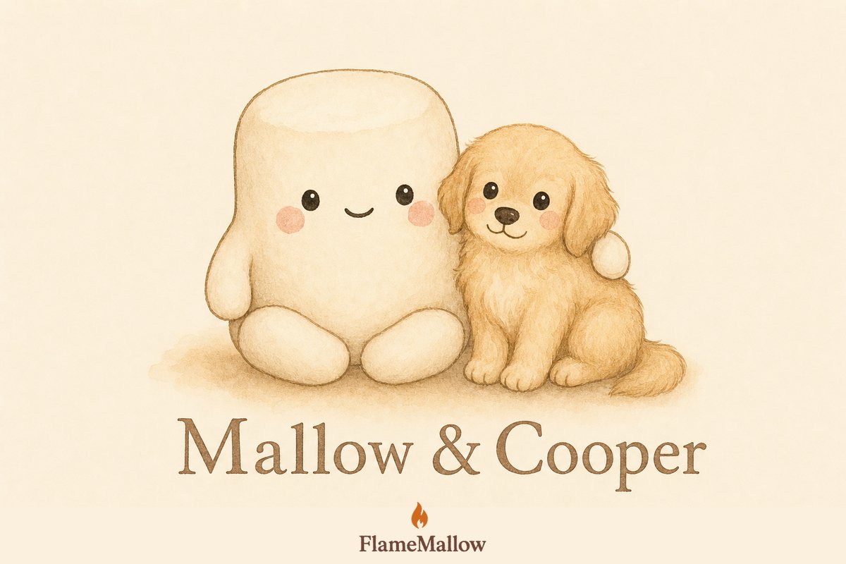Mallow and Cooper — marshmallow mascot sitting beside a golden retriever puppy