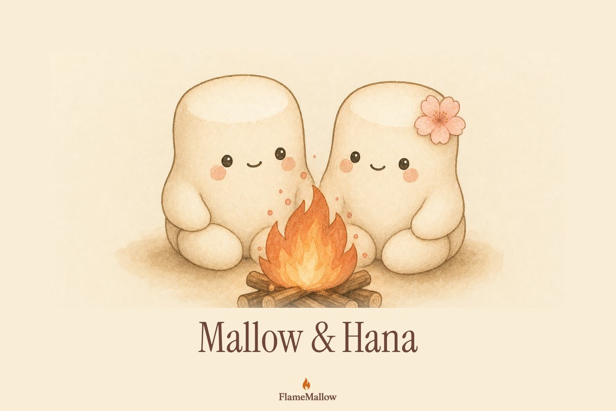 Mallow and Hana — two marshmallow mascots sitting by a campfire on logs, with cherry blossom in Hana's hair
