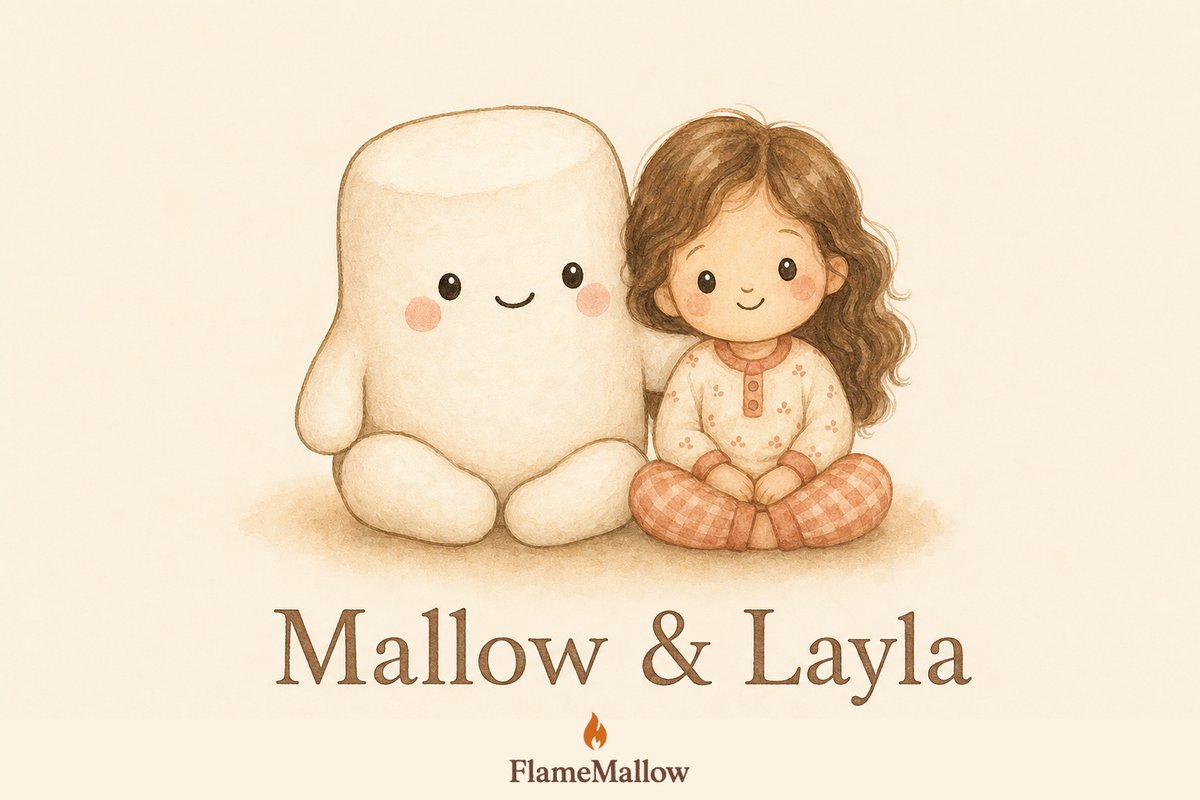 Mallow and Layla — marshmallow mascot sitting beside a small girl with brown hair
