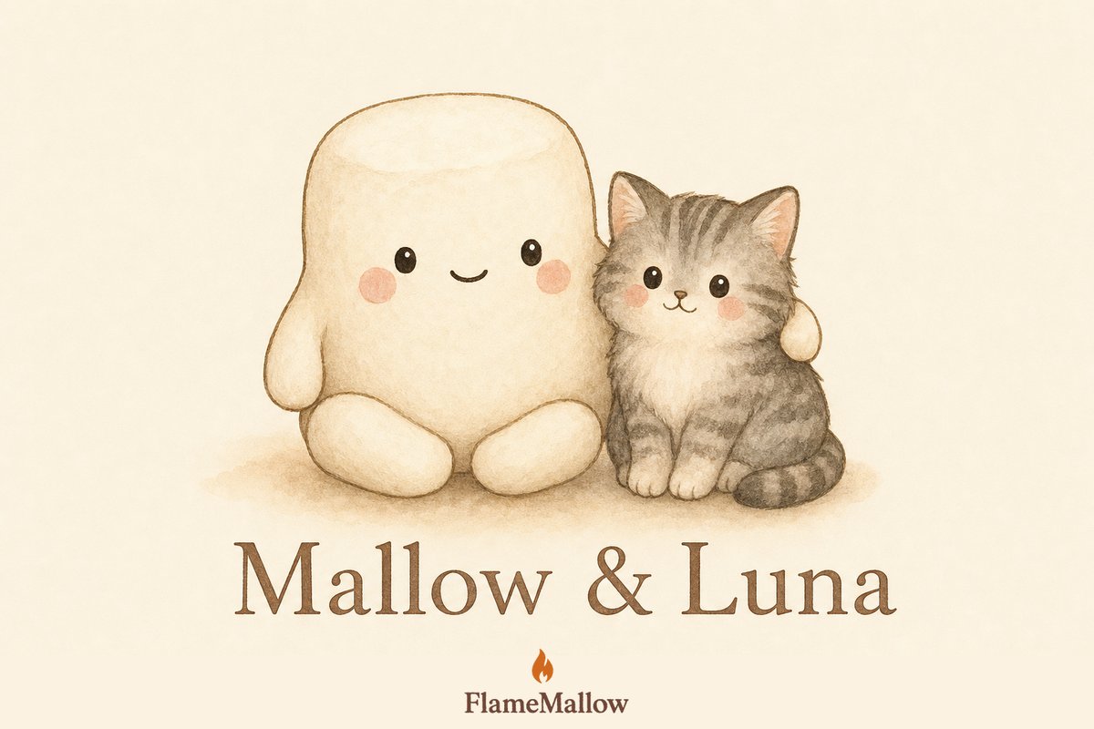 Mallow and Luna — marshmallow mascot sitting beside a gray tabby cat