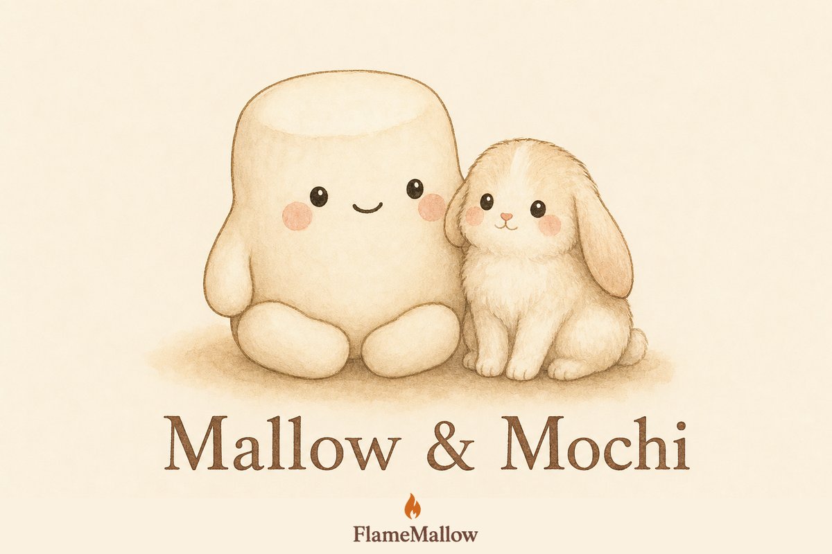 Mallow and Mochi — marshmallow mascot sitting beside a lop-eared bunny