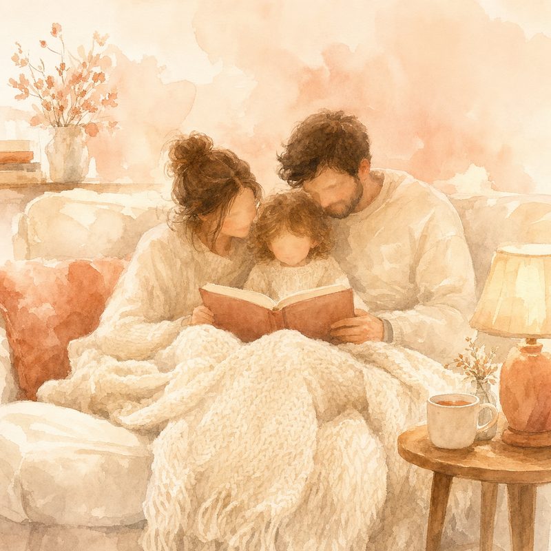 A Quiet Afternoon — watercolor painting of a family reading together on a couch