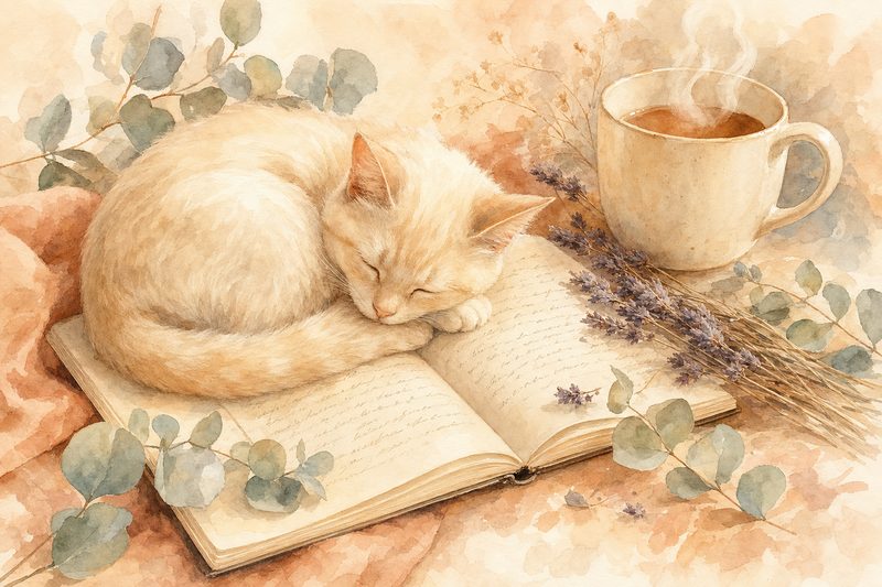 The Reading Cat — watercolor painting of a cat resting on an open journal