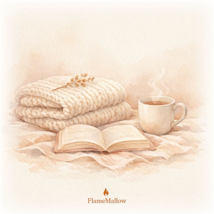 A Slow Afternoon — watercolor painting of a knit blanket, open book, and mug of tea